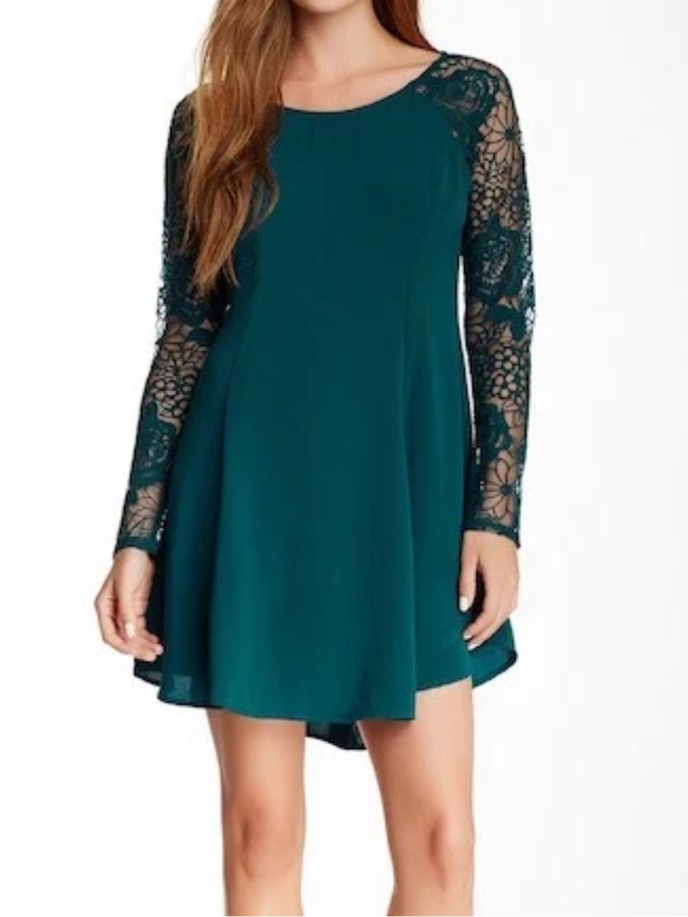 ASTR Teal Shift Dress Size M Long Lace Sleeve Keyhole Back  Autumn Wedding Guest